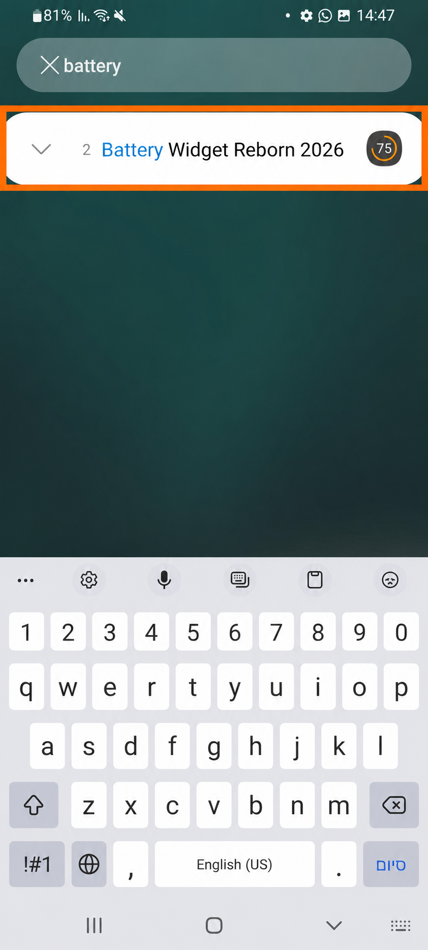 שורת Battery Widget Reborn 2026 בתוצאות חיפוש היישומונים, מסומנת במסגרת כתומה.