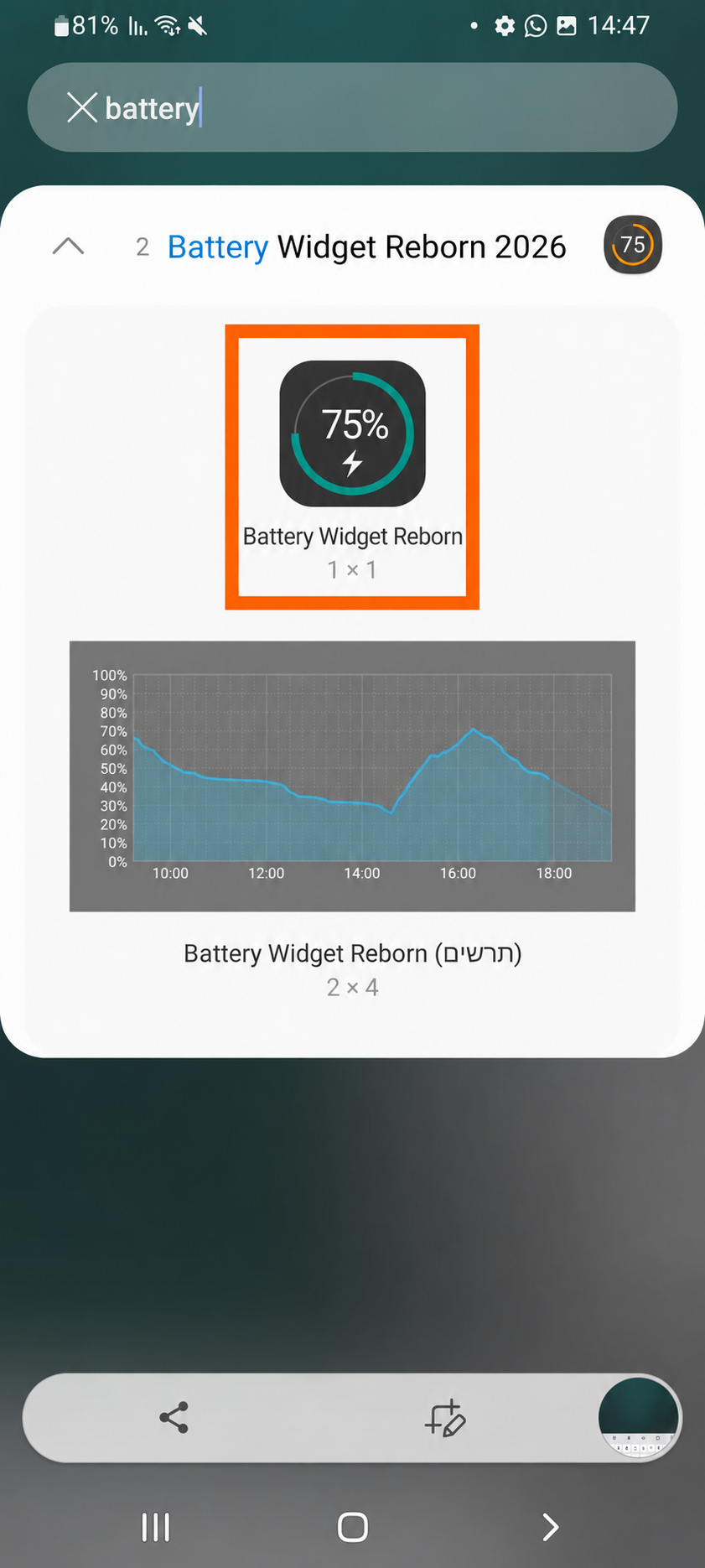 שתי אפשרויות של Battery Widget Reborn; הווידג׳ט העגול והקטן בגודל 1 על 1 מסומן במסגרת כתומה.