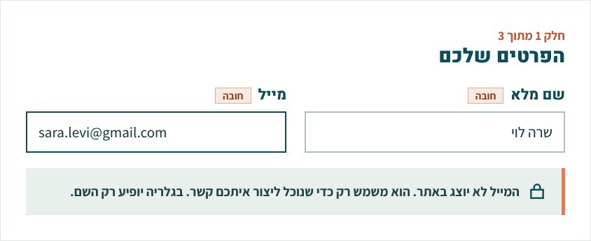 חלק 1 מתוך 3, הפרטים שלכם: שדה שם מלא עם השם שרה לוי, שדה מייל, והערה שהמייל לא יוצג באתר.