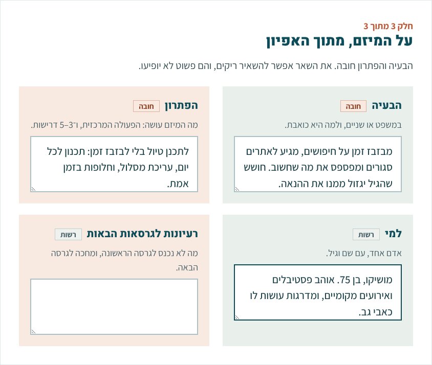 חלק 3 מתוך 3, על המיזם מתוך האפיון: השדות הבעיה, הפתרון, למי, ורעיונות לגרסאות הבאות.